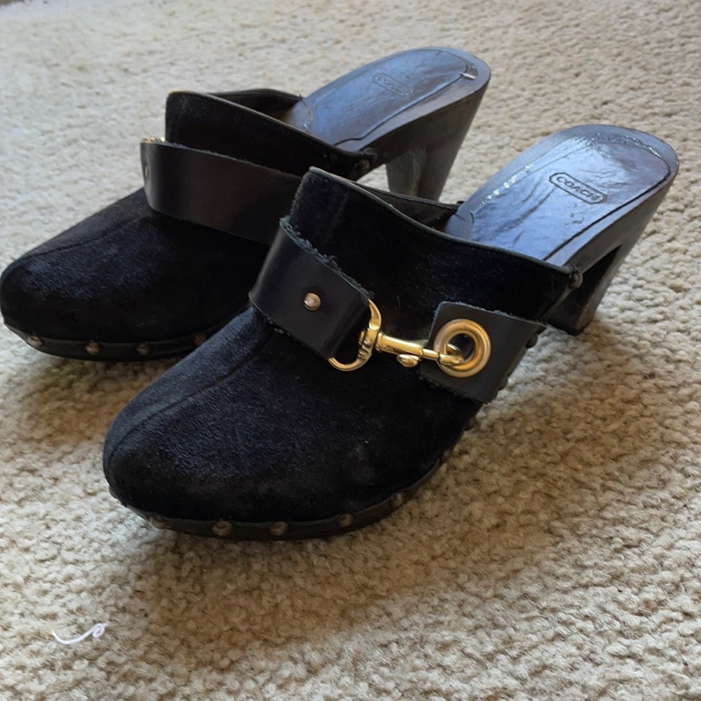 Black suede Coach Clogs